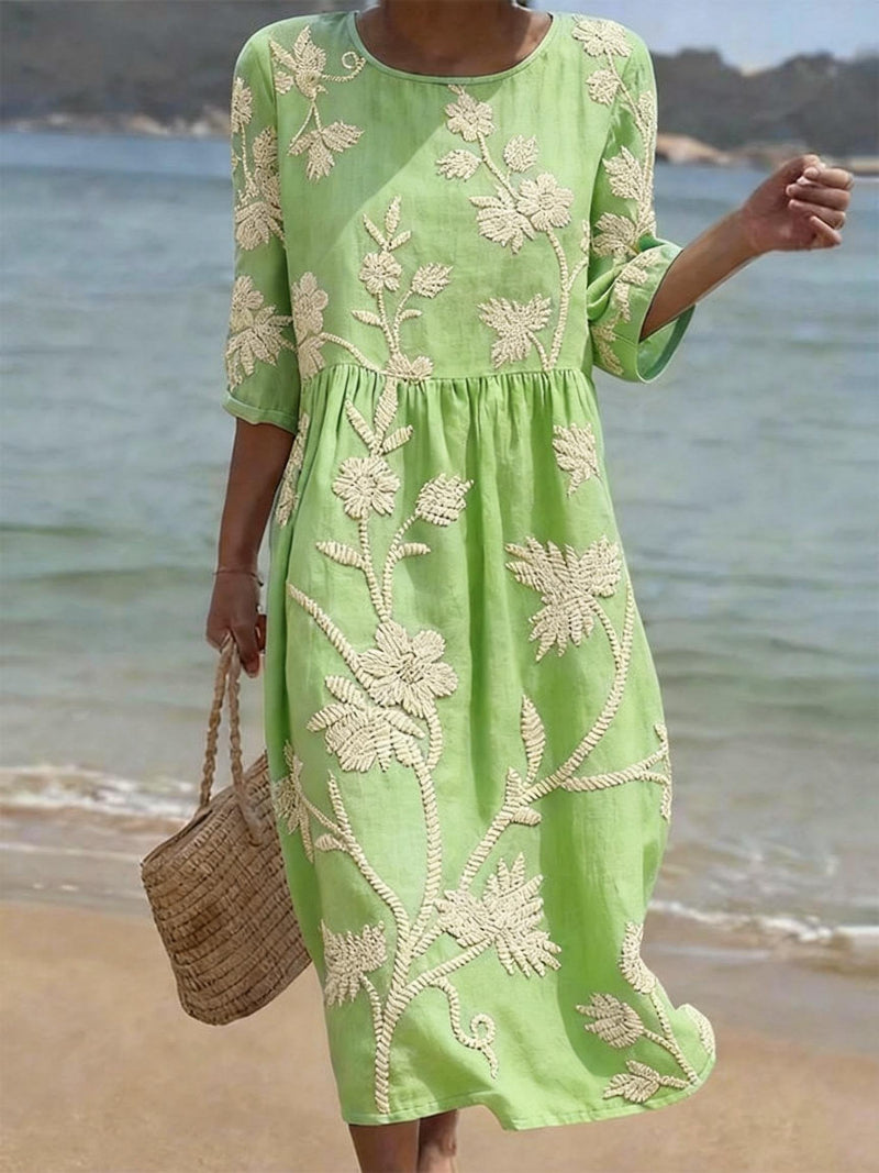 Vestido midi mujer bordado floral cuello redondo cómodo