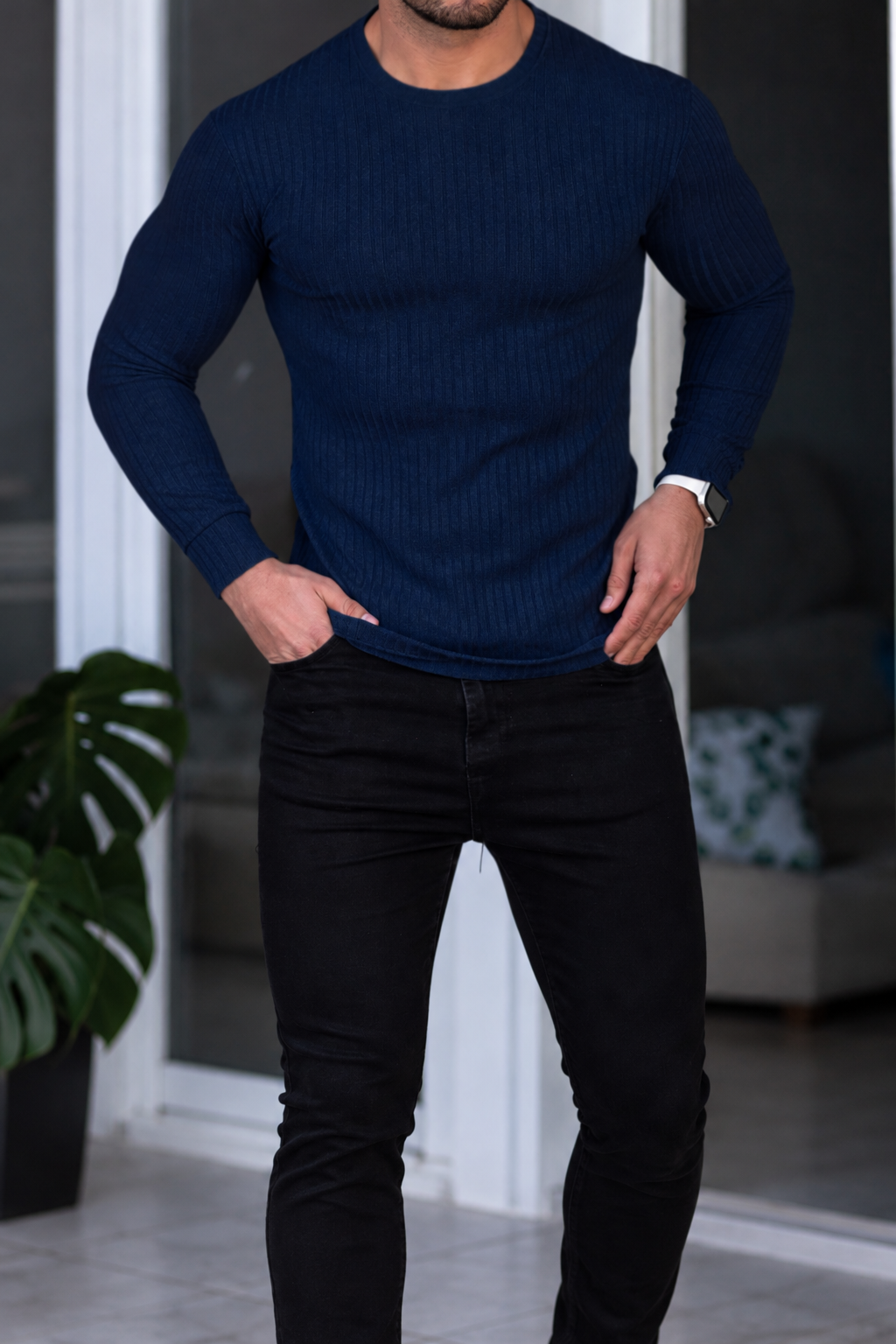 Camiseta deportiva de manga larga para hombre con cuello redondo y corte entallado