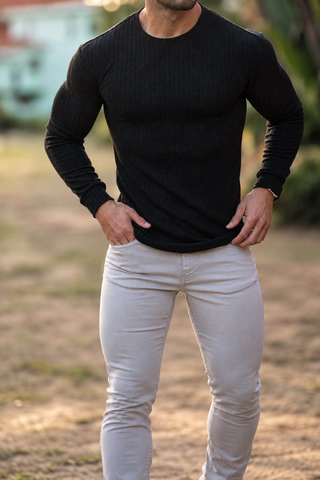 Camiseta deportiva de manga larga para hombre con cuello redondo y corte entallado