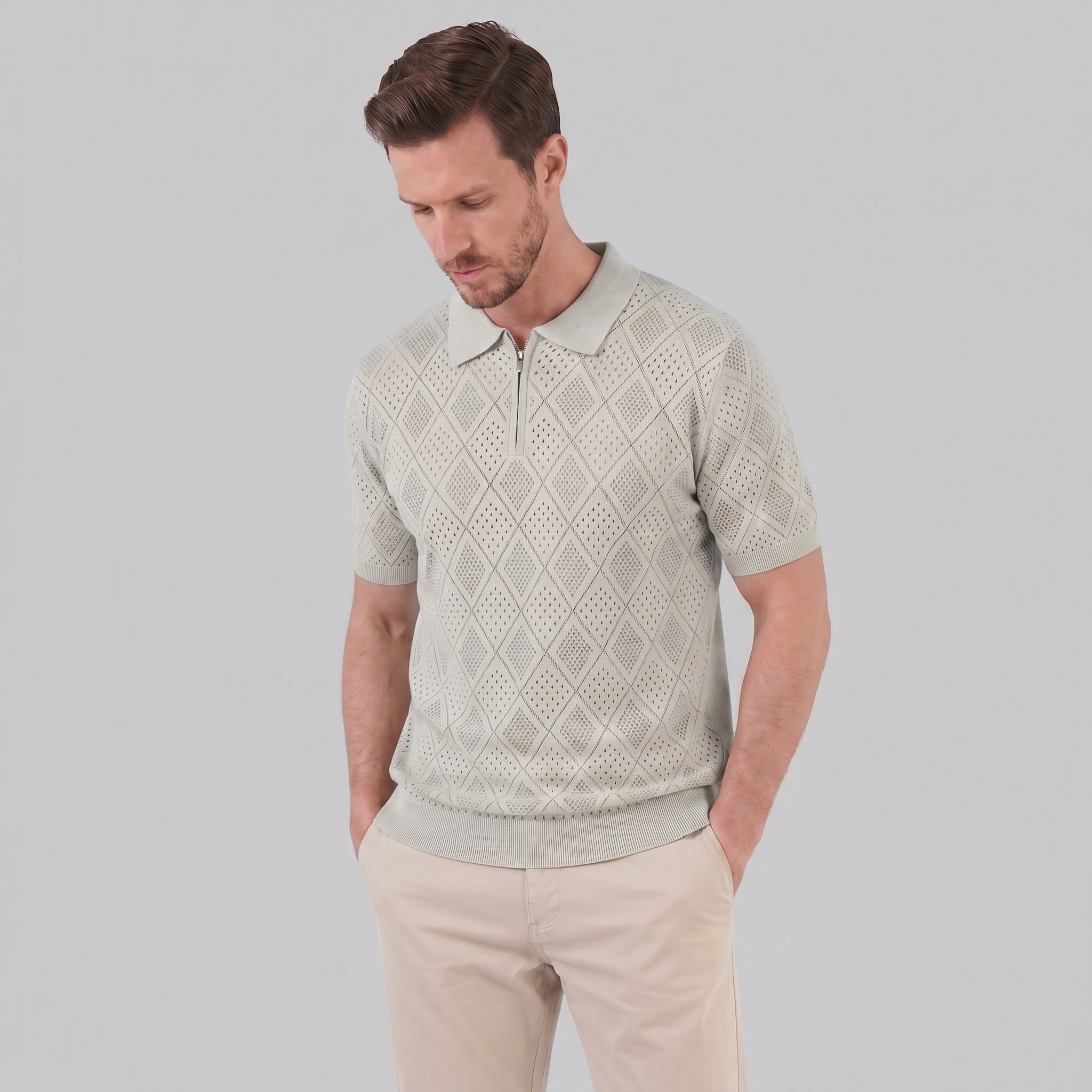 Polo para hombre con cremallera y punto calado — vacaciones