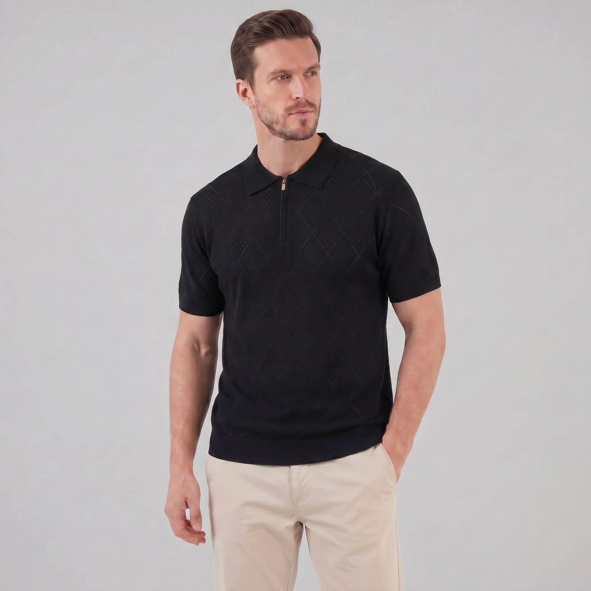 Polo para hombre con cremallera y punto calado — vacaciones