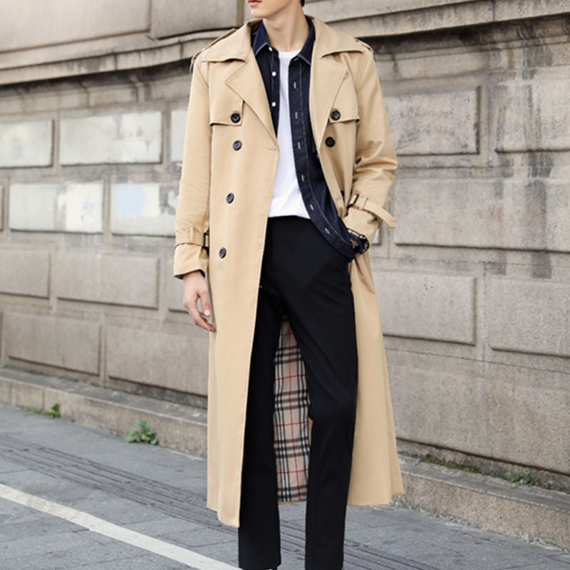 Cappotto lungo da uomo con chiusura incrociata e cintura regolabile