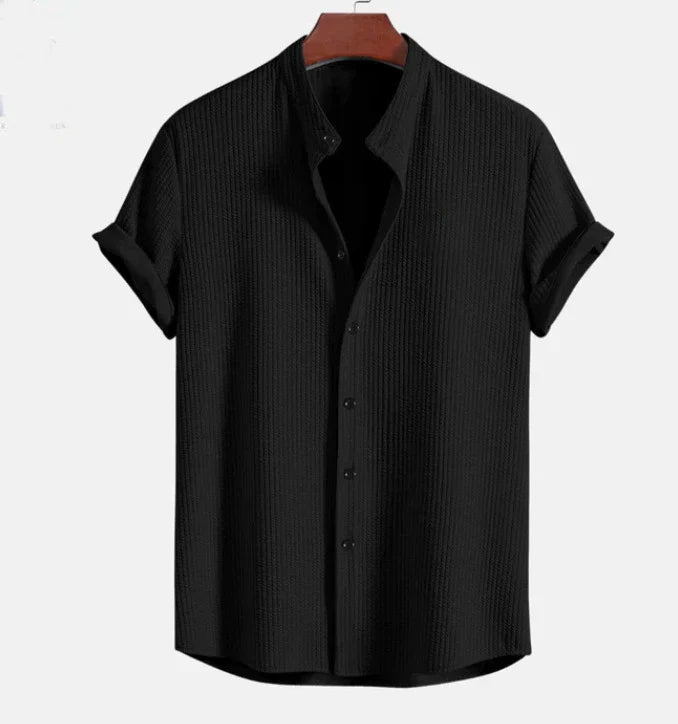 Camisa de manga corta para hombre - cuello mandarín holgado - vacaciones