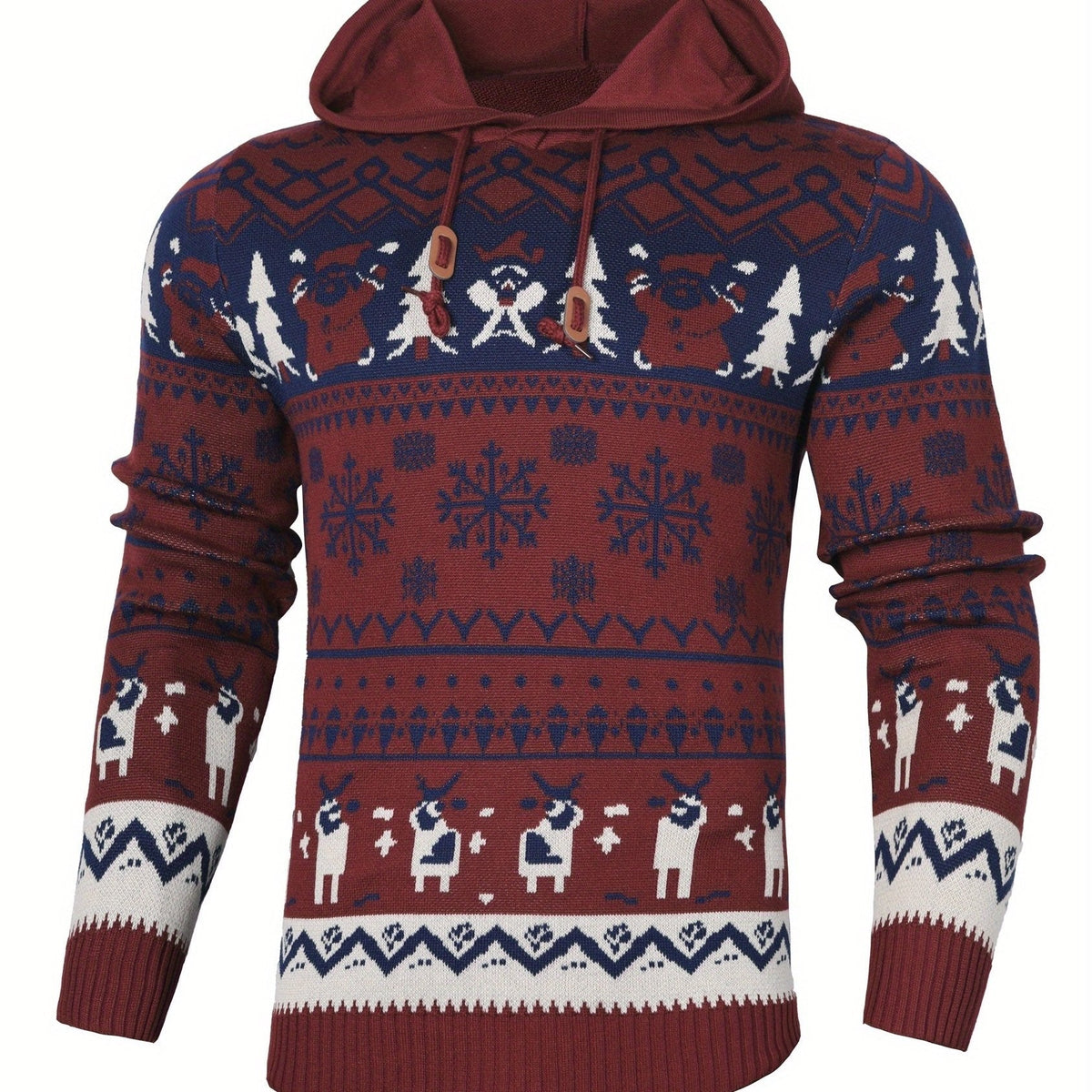 Pull de Noël à capuche pour homme en maille côtelée avec rennes Fair Isle