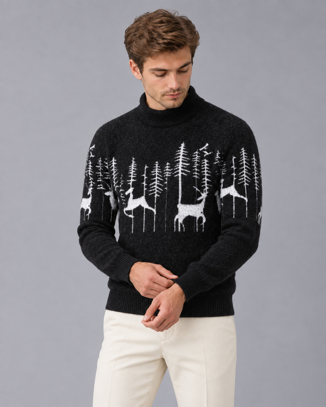 Jersey Navideño de Punto Suave para Hombre con Cuello Alto y Corte Entallado