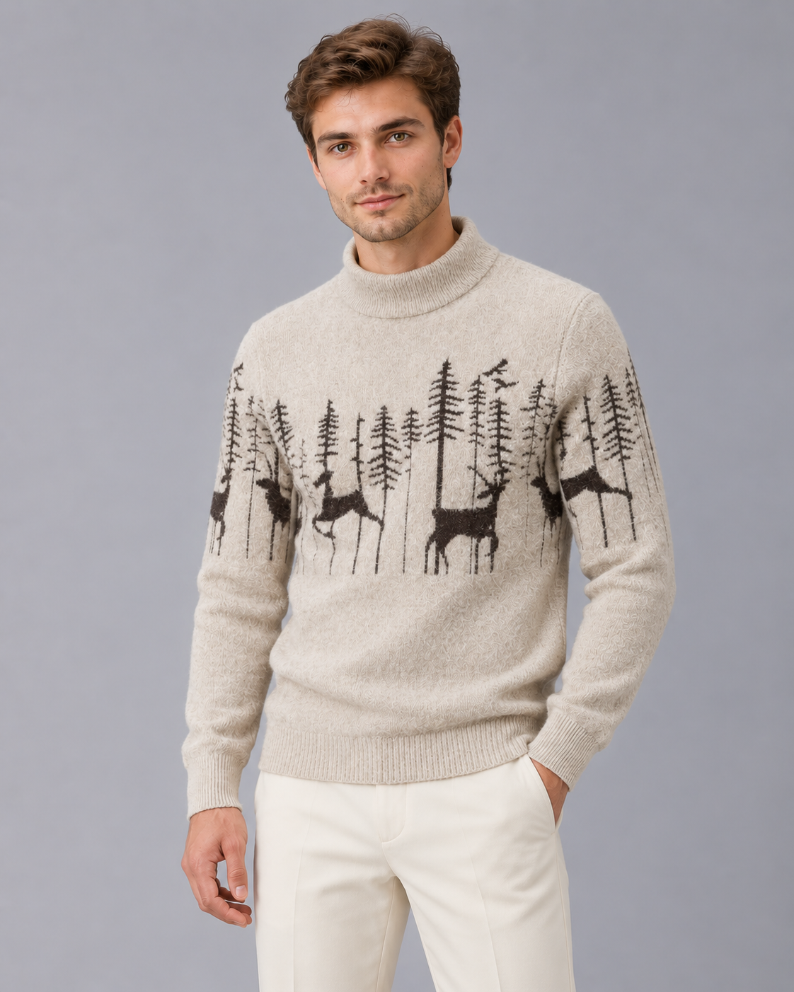 Jersey Navideño con Renos para Hombre de Cuello Alto y Textura de Punto Cepillado