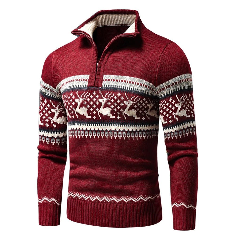 Jersey Navideño con Motivo de Renos para Hombre con Cuello Alto y Media Cremallera