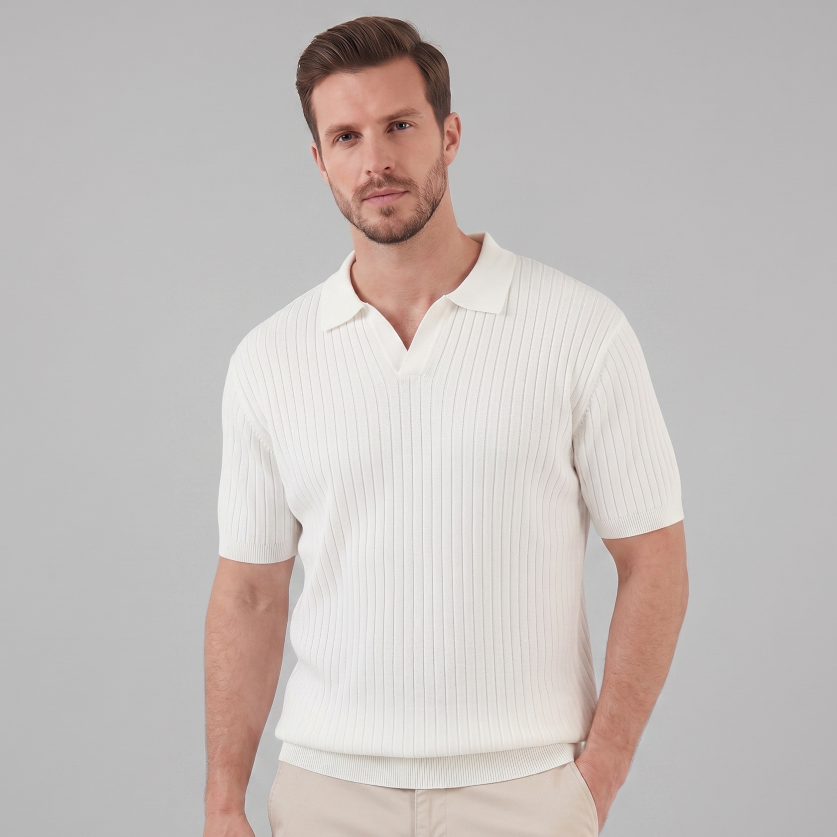 Polo de punto acanalado para hombre con cuello de solapa — informal