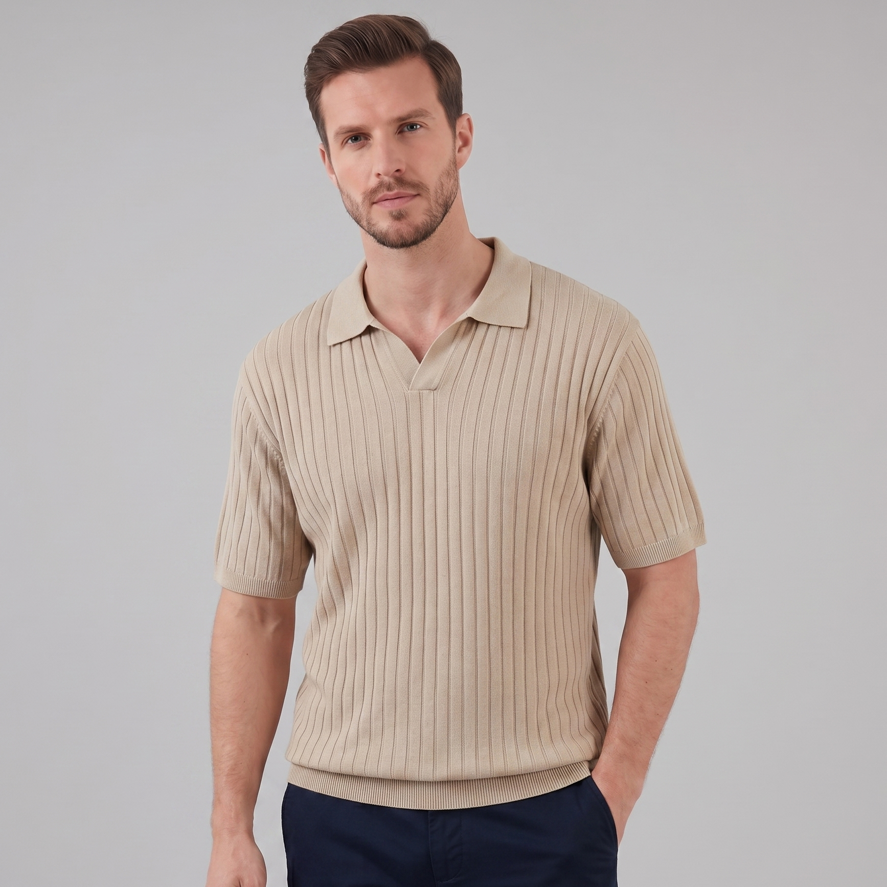 Polo de punto acanalado para hombre con cuello de solapa — informal