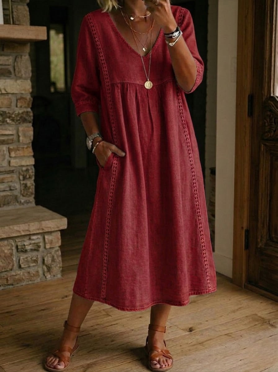 Vestido midi mujer cuello en V corte fluido casual