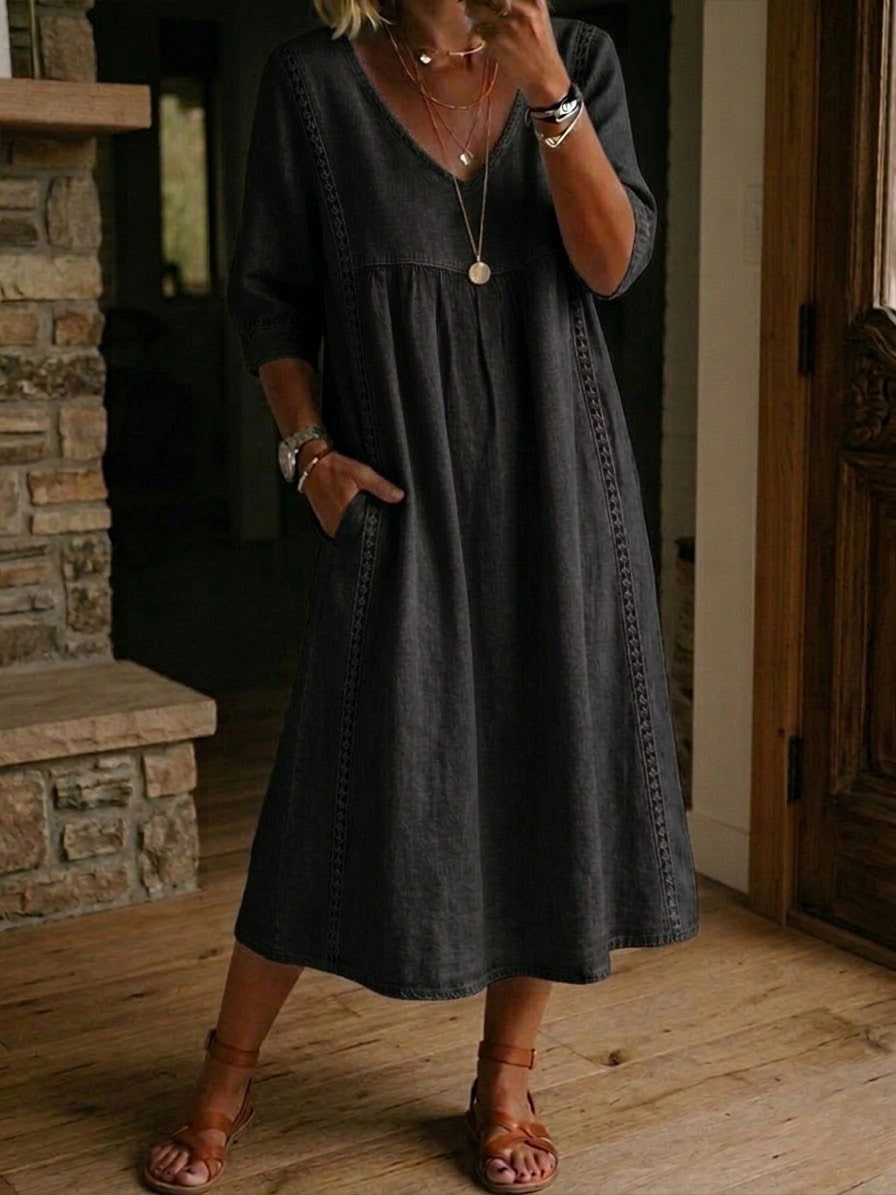 Vestido midi mujer cuello en V corte fluido casual