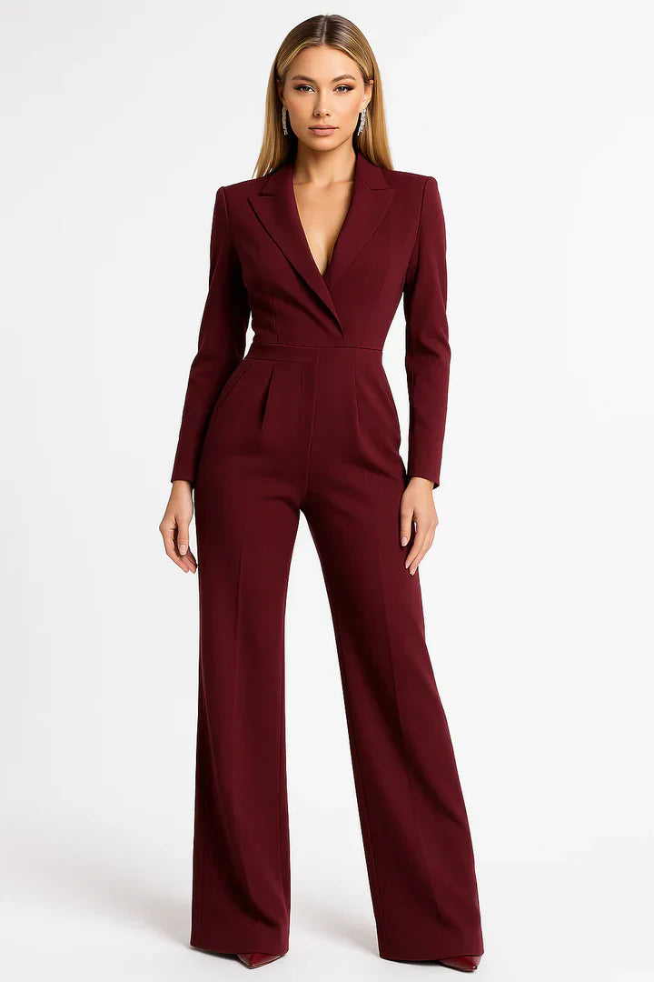 Mono Estilo Blazer de Mujer con Cuello en V y Pantalón de Pernera Ancha Fluido