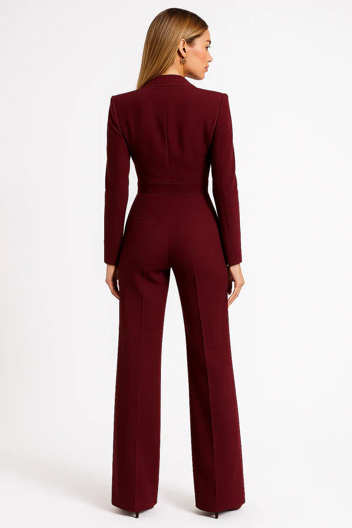 Mono Estilo Blazer de Mujer con Cuello en V y Pantalón de Pernera Ancha Fluido