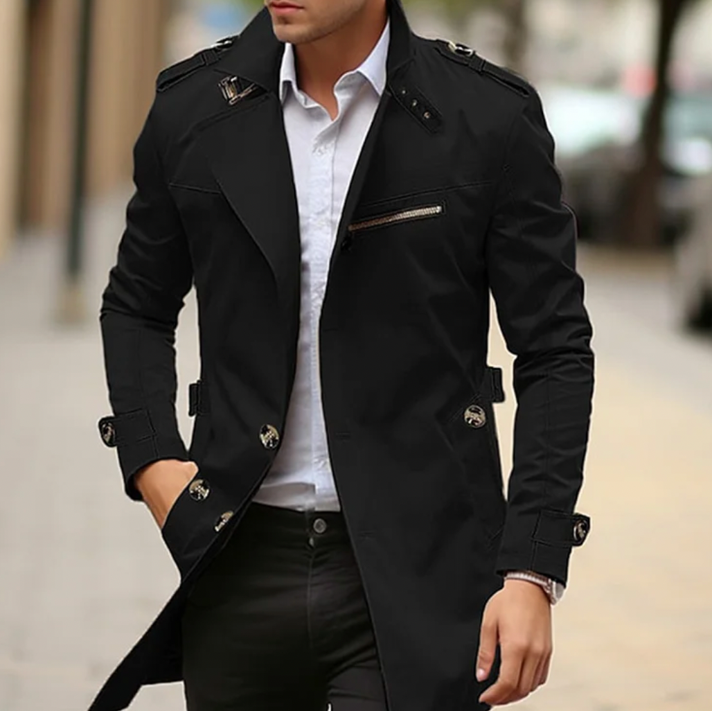 Gabardina de Hombre con Hombreras y Cuello Estructurado de Corte Ajustado
