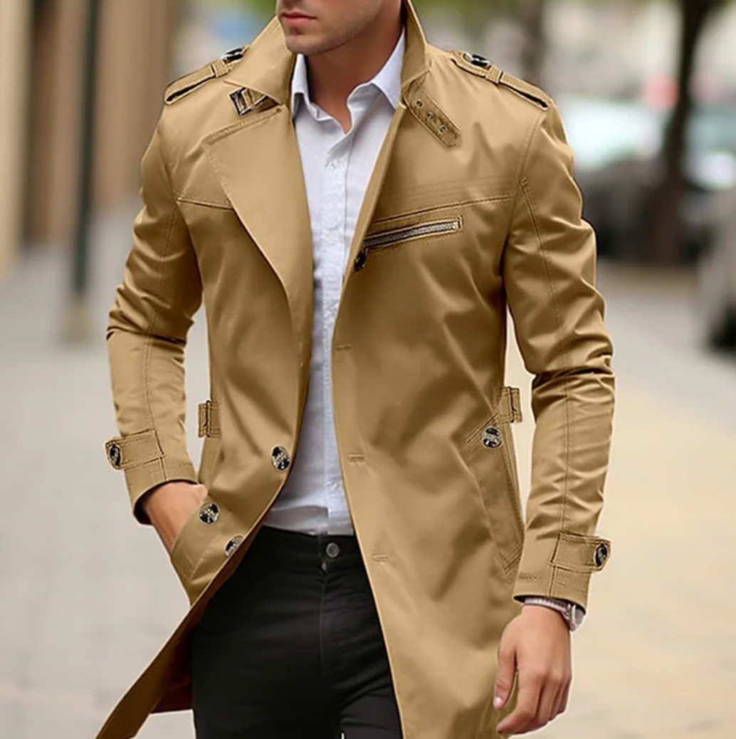 Gabardina de Hombre con Hombreras y Cuello Estructurado de Corte Ajustado