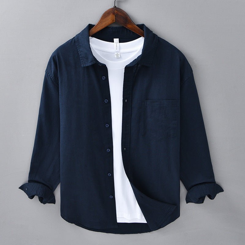 Camisa de Algodón y Lino para Hombre de Manga Larga con Cuello de Solapa y Botones