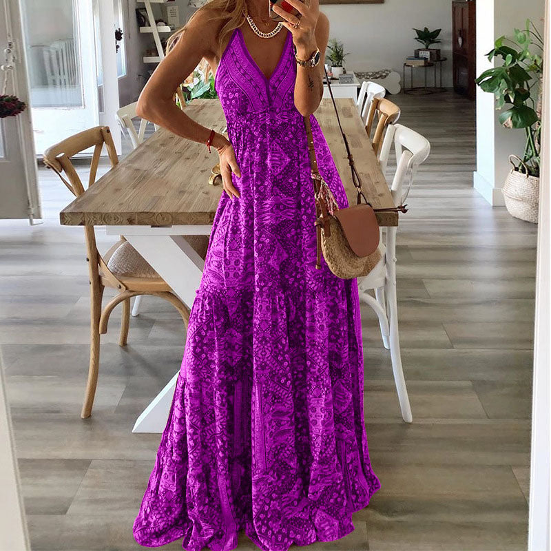 Vestido Maxi de Tirantes Finos con Cuello en V y Estampado Bohemio para Mujer