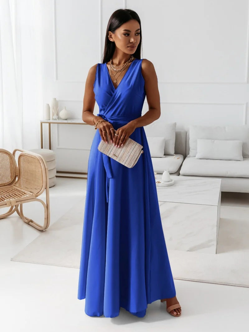 Vestido de Invitada de Boda con Escote en V y Falda Maxi Fluida para Mujer