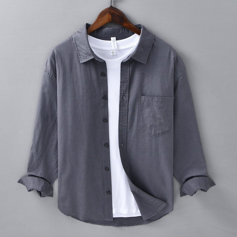 Camisa de Algodón y Lino para Hombre de Manga Larga con Cuello de Solapa y Botones