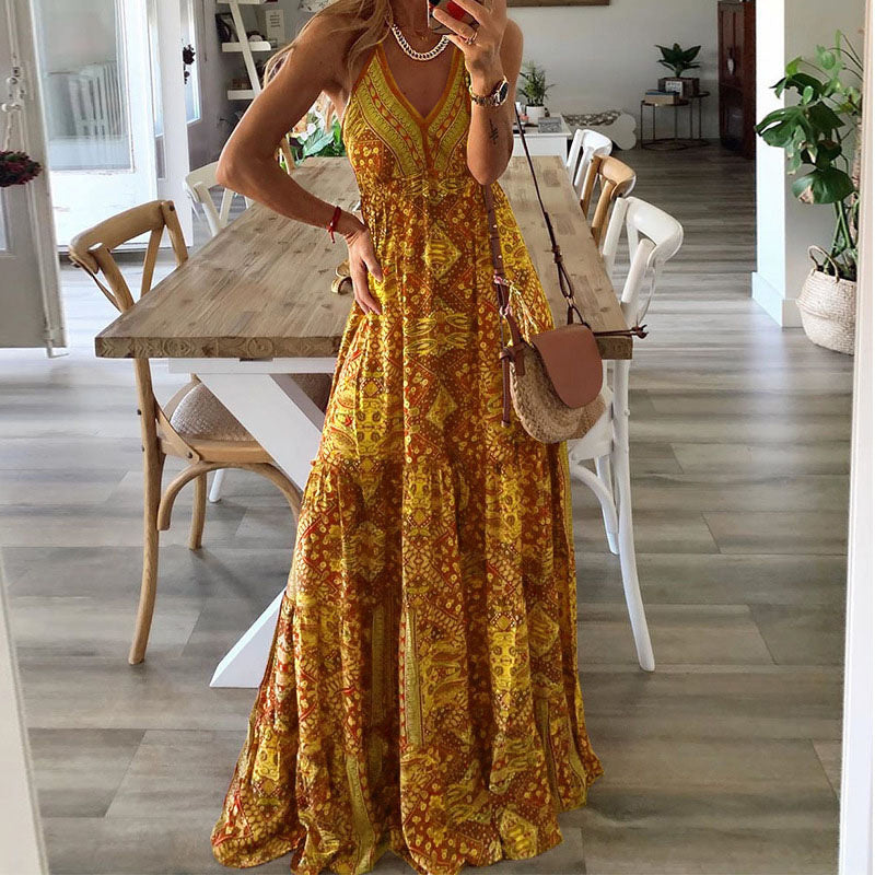 Vestido Maxi de Tirantes Finos con Cuello en V y Estampado Bohemio para Mujer