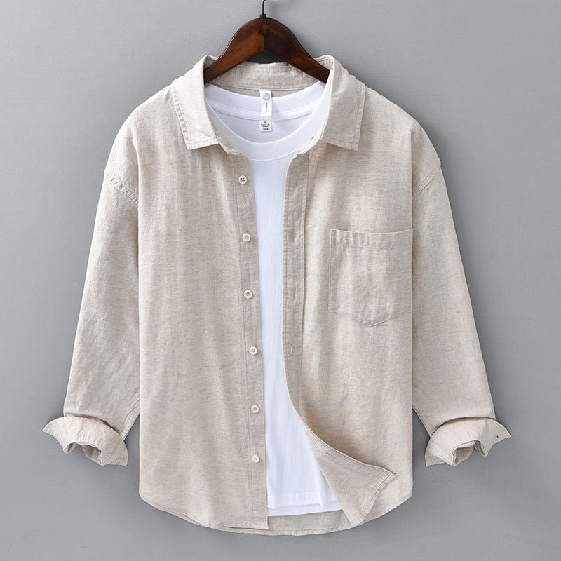Camisa de Algodón y Lino para Hombre de Manga Larga con Cuello de Solapa y Botones