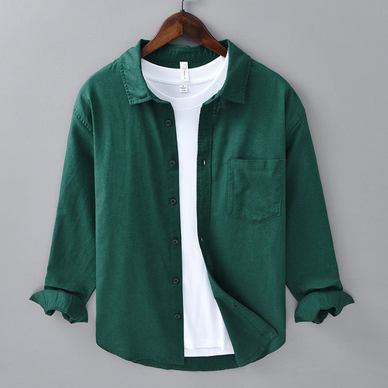 Camisa de Algodón y Lino para Hombre de Manga Larga con Cuello de Solapa y Botones