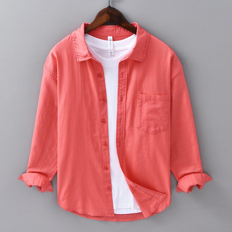 Camisa de Algodón y Lino para Hombre de Manga Larga con Cuello de Solapa y Botones