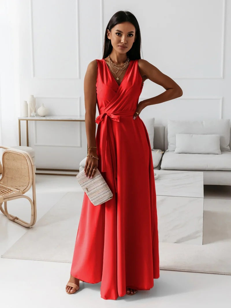Vestido de Invitada de Boda con Escote en V y Falda Maxi Fluida para Mujer