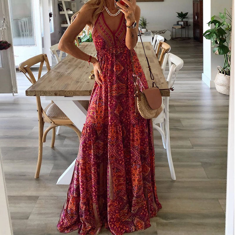 Vestido Maxi de Tirantes Finos con Cuello en V y Estampado Bohemio para Mujer
