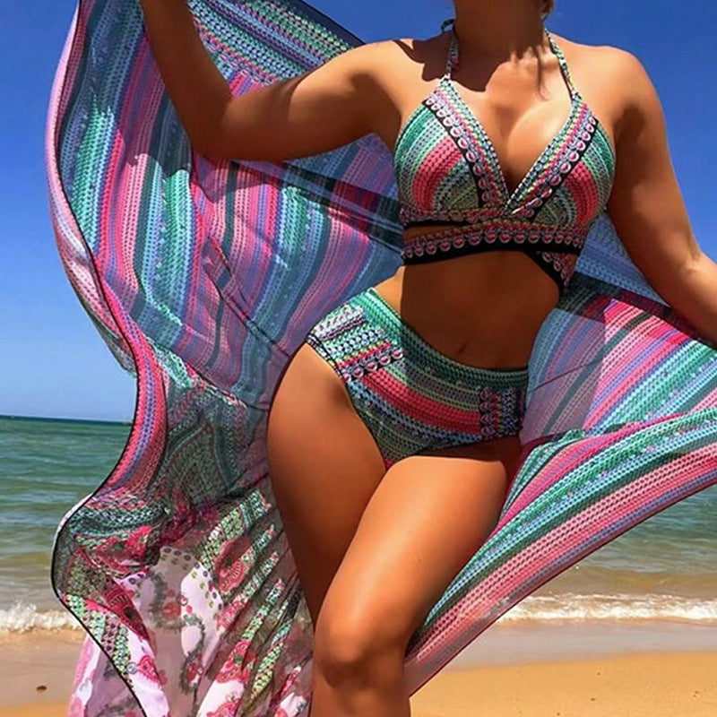 Bikini de Talle Alto con Top de Triángulo y Kimono de Playa de 3 Piezas
