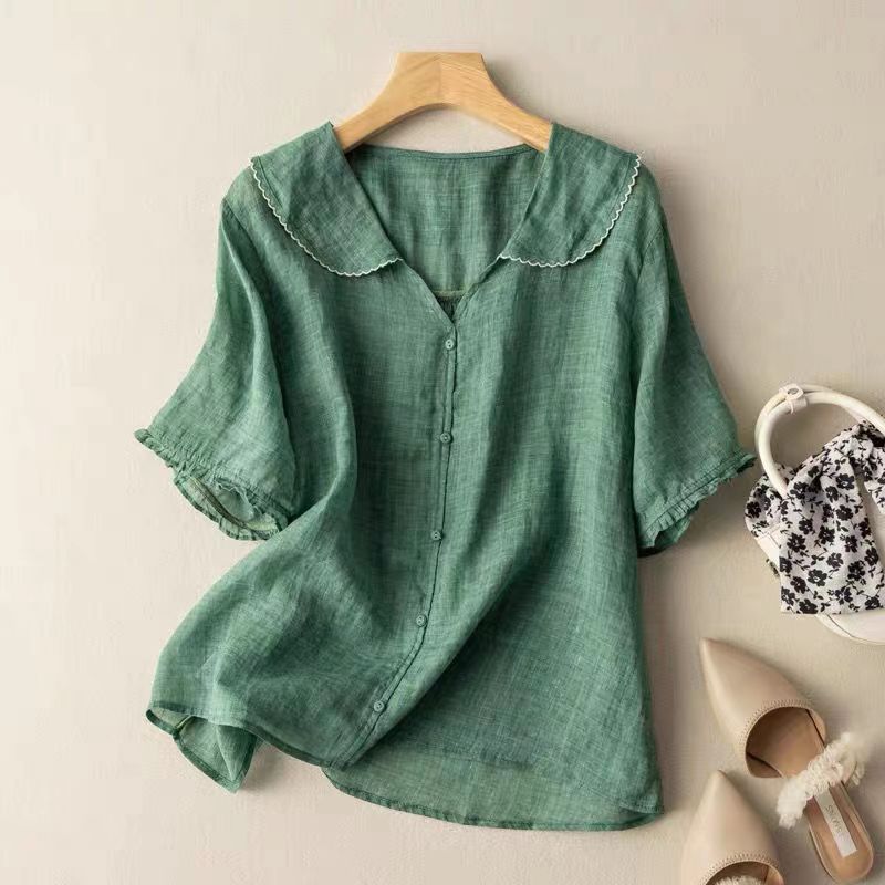 Blusa de Lino Estilo Vintage con Cuello Festoneado y Botones para Mujer