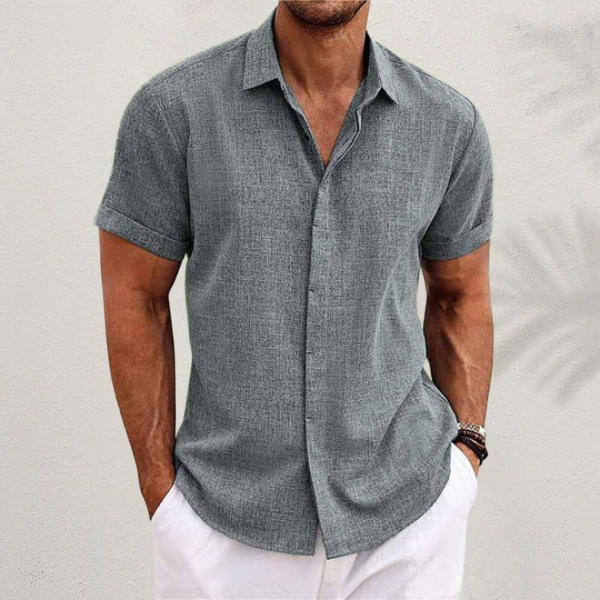Camisa de Lino para Hombre de Manga Corta con Cuello de Solapa y Botones