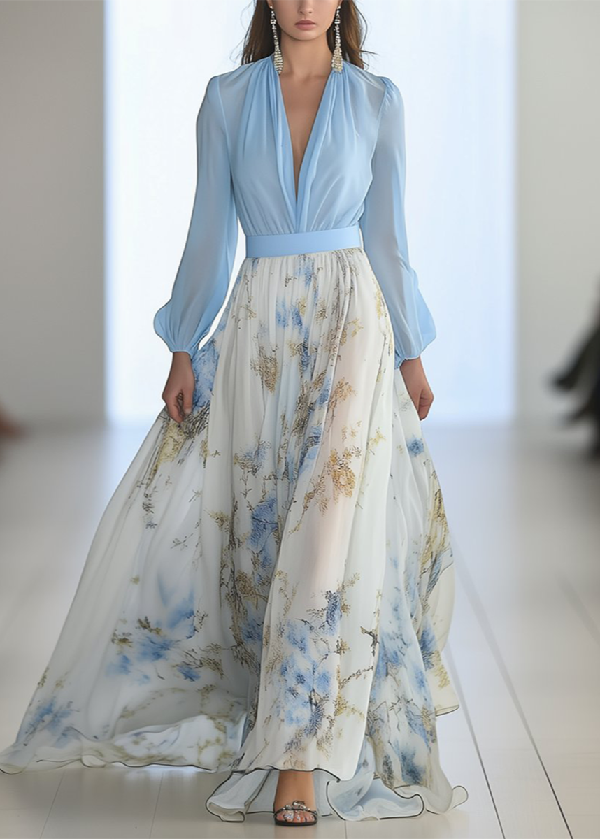 Vestido Largo de Poliéster con Estampado Floral Cuello en V y Manga Larga para Mujer