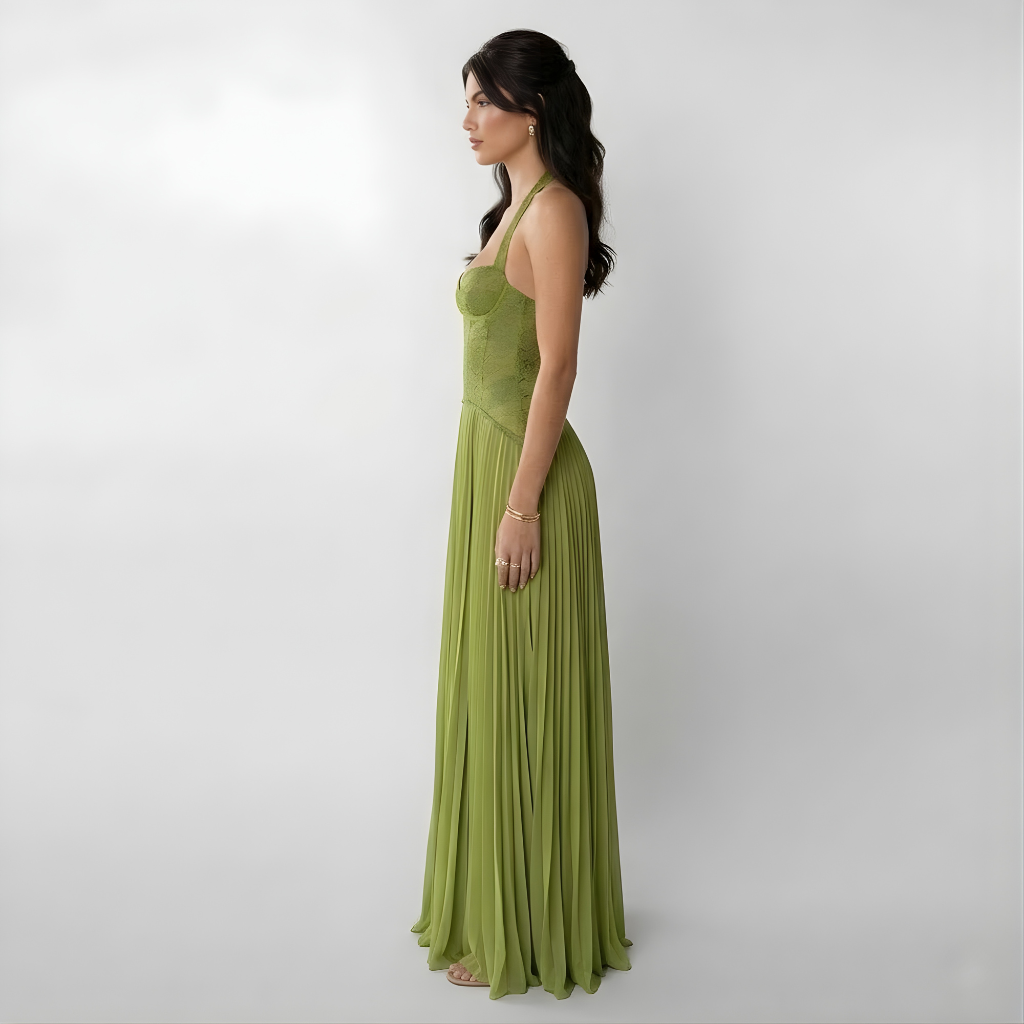 Vestido Largo de Fiesta con Top de Encaje Tipo Corsé y Falda Plisada para Mujer