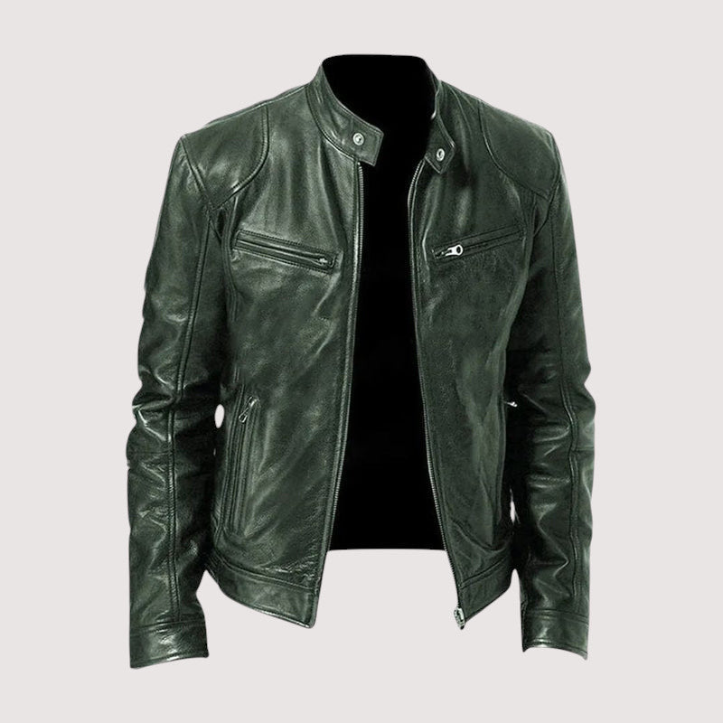 Chaqueta de Cuero para Hombre con Cuello Alto y Cremallera