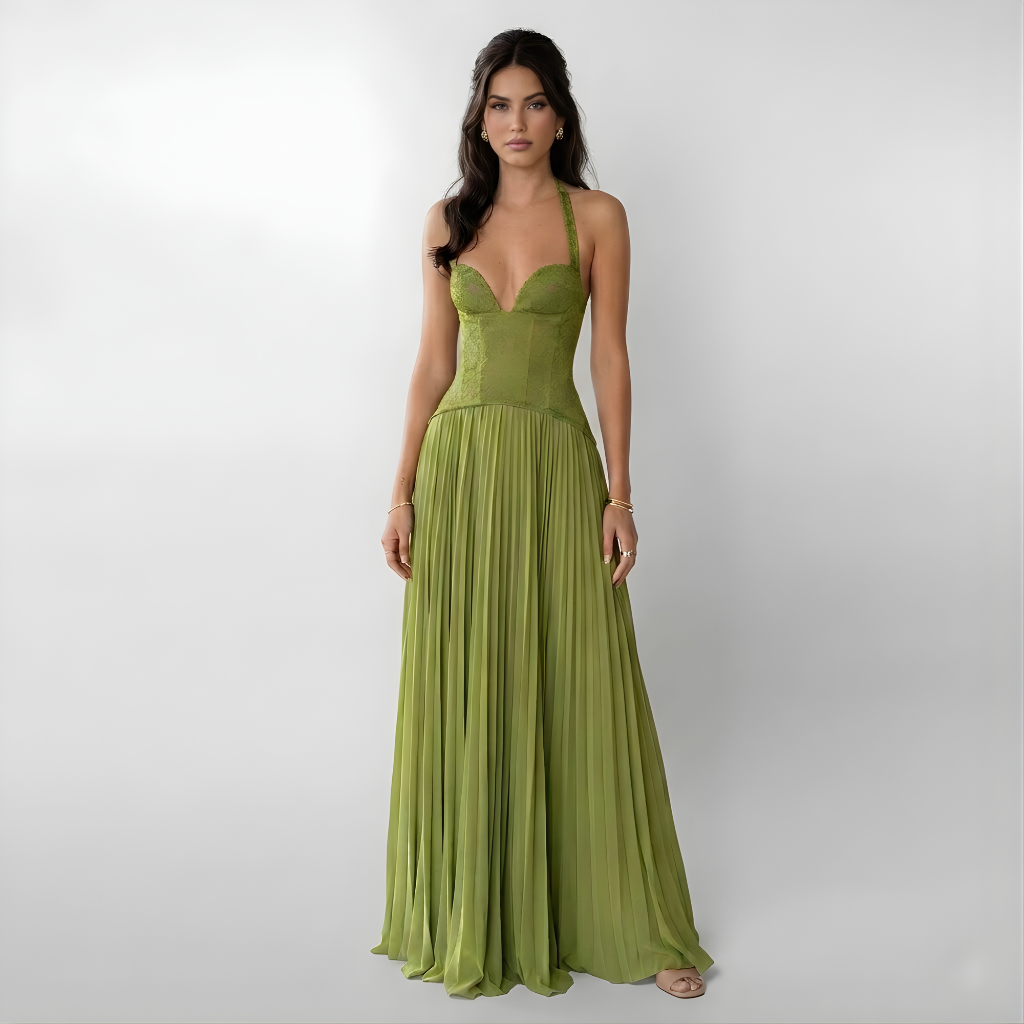 Vestido Largo de Fiesta con Top de Encaje Tipo Corsé y Falda Plisada para Mujer