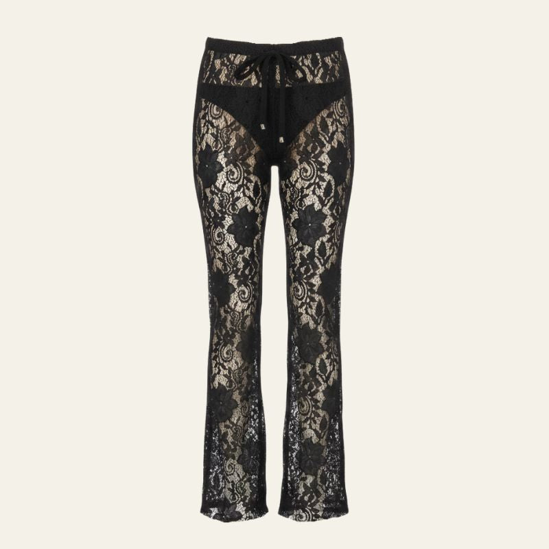Pantalones de Mujer de Encaje Floral con Cintura Alta y Pernera Acampanada