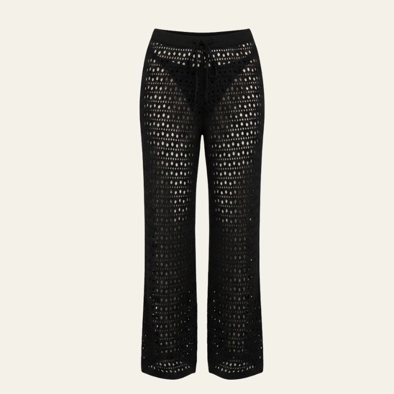 Pantalones de Playa para Mujer de Punto Calado con Cintura Elástica y Pernera Ancha