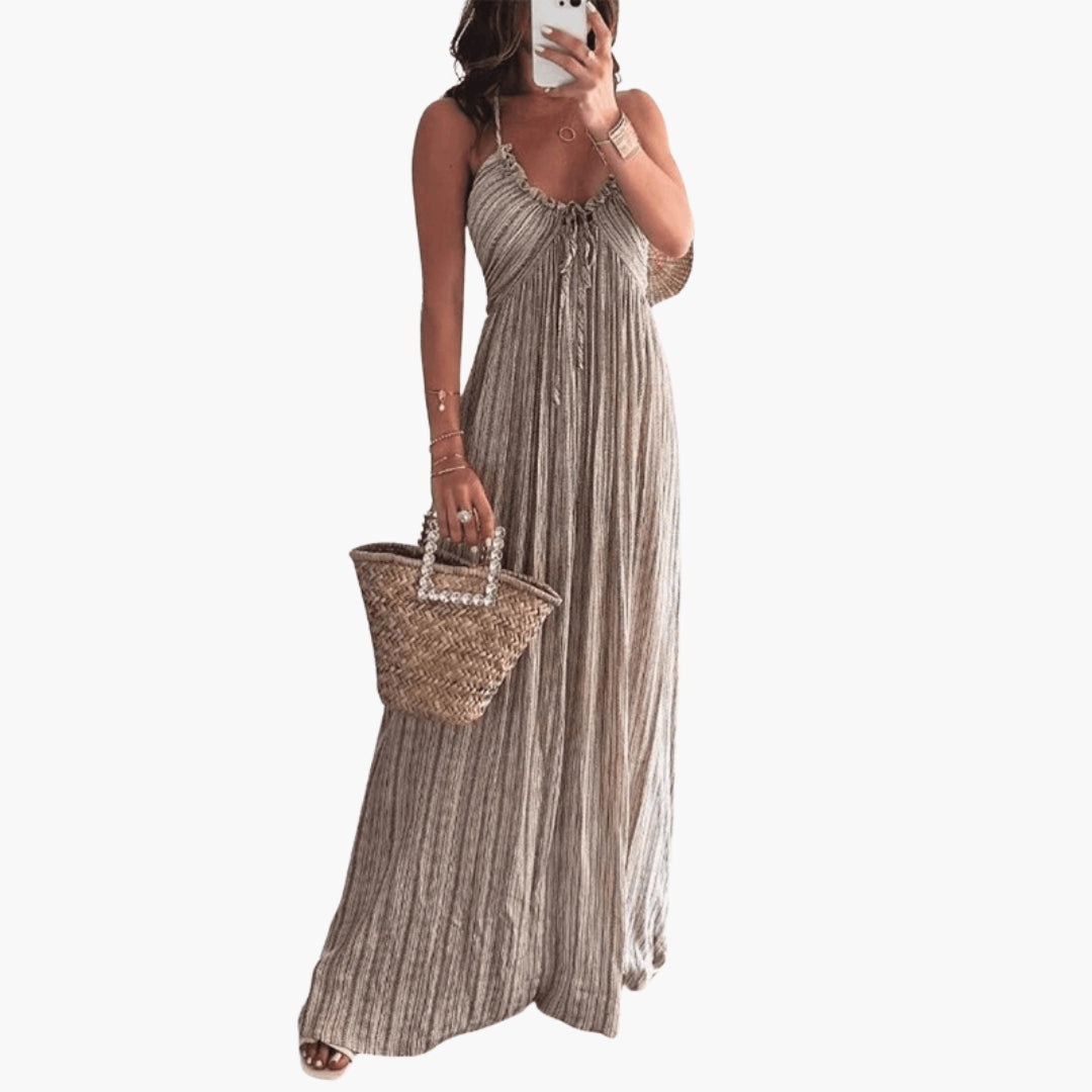 Vestido Largo de Mujer con Tirantes Finos y Escote en V con Cordón Ajustable