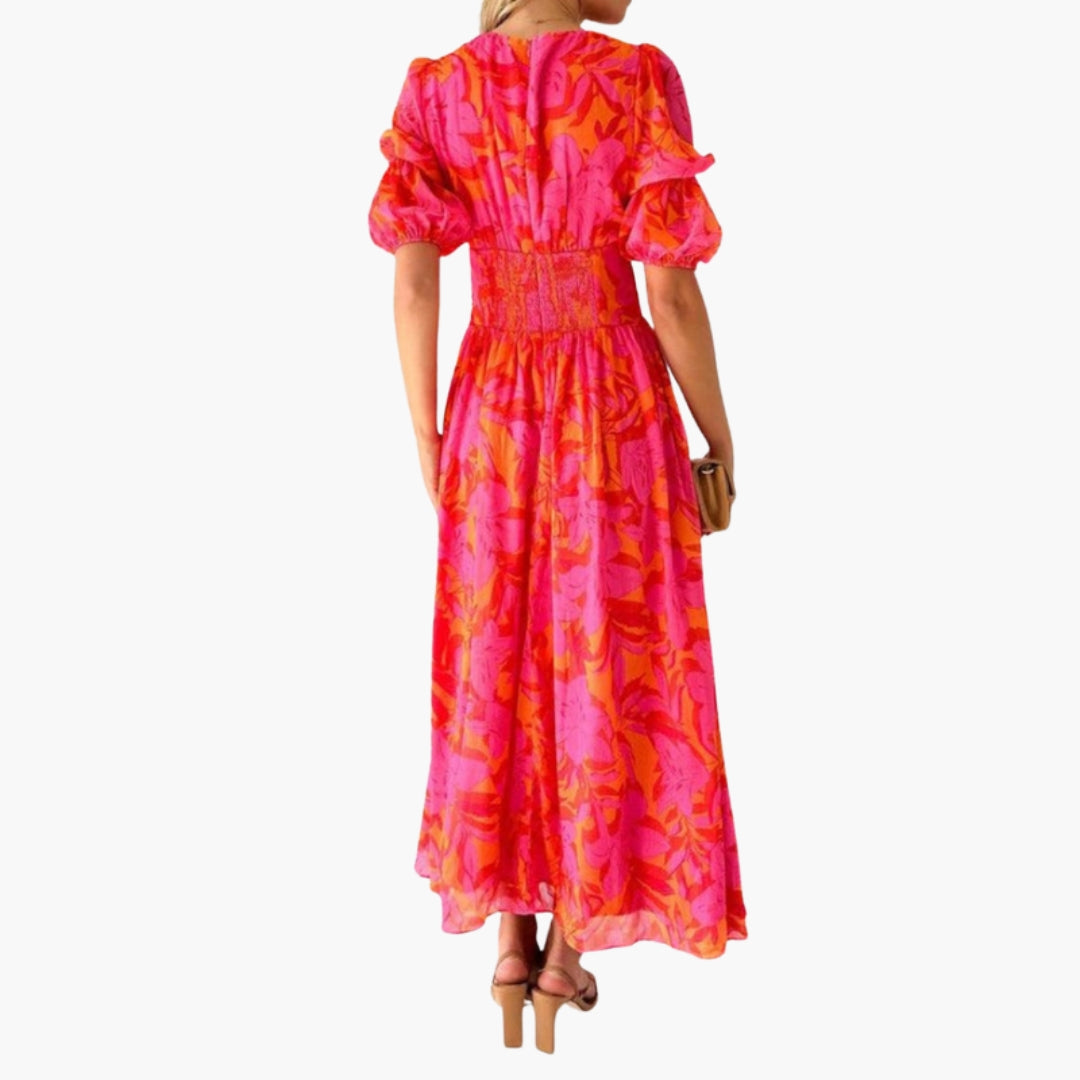 Vestido Maxi de Mujer con Cuello en V y Mangas Abullonadas con Estampado Floral