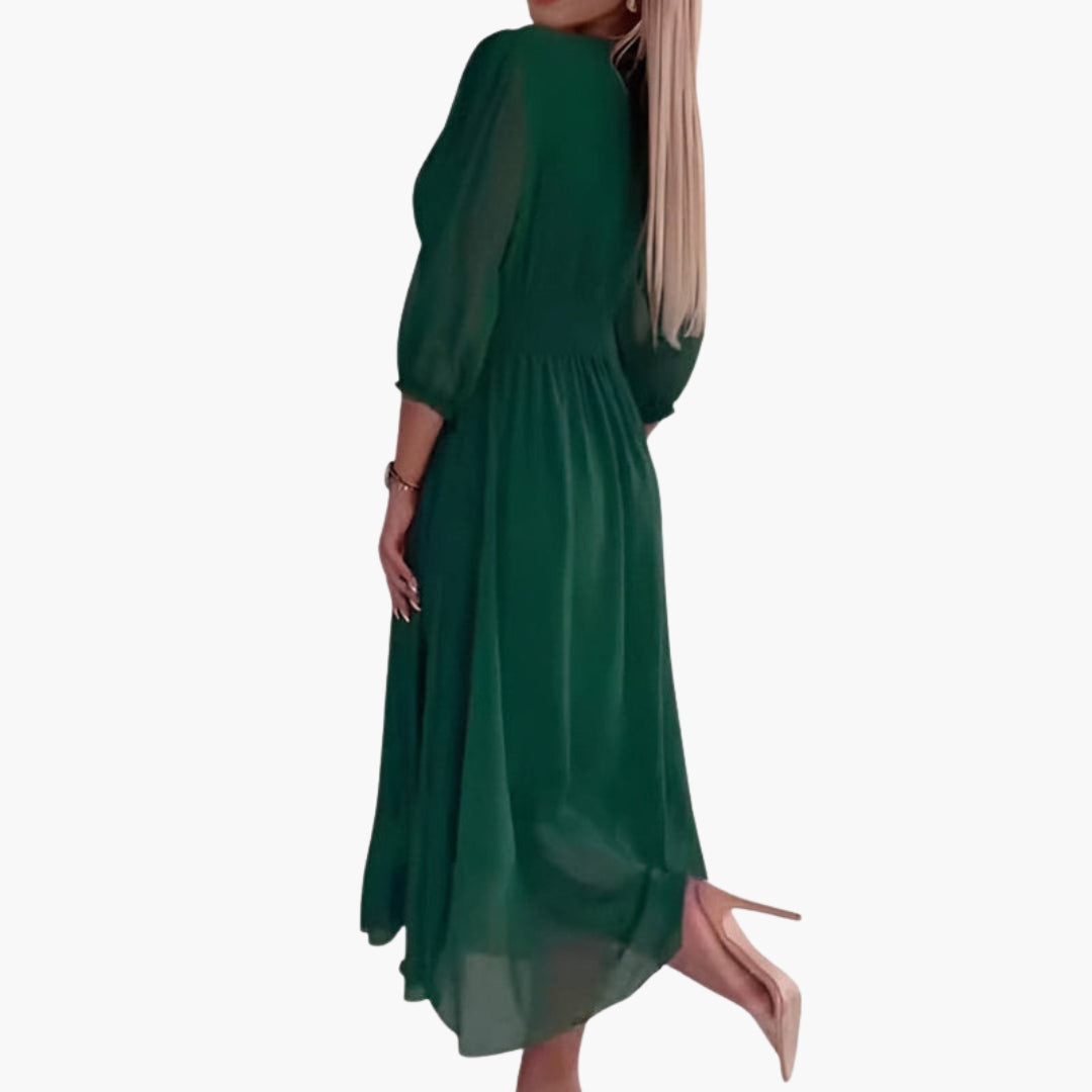 Vestido Midi de Gasa con Cuello en V y Manga Tres Cuartos para Mujer