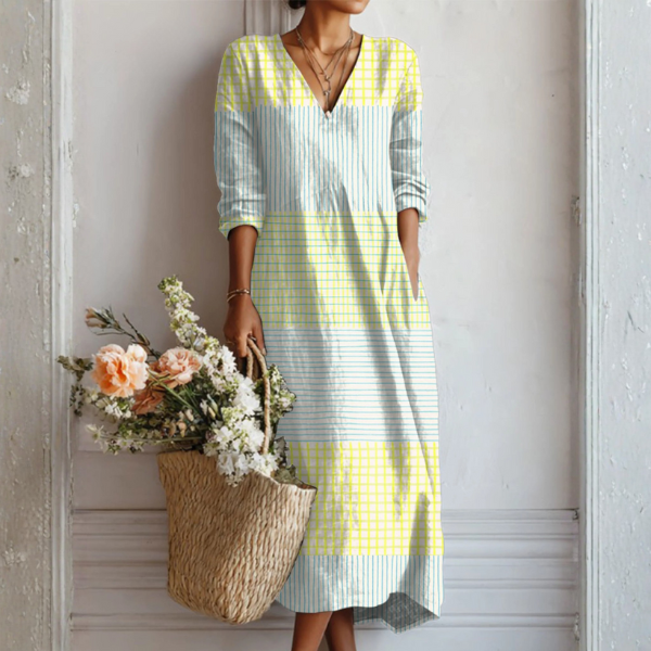 Vestido de Lino para Mujer Largo con Escote en V y Estampado Geométrico