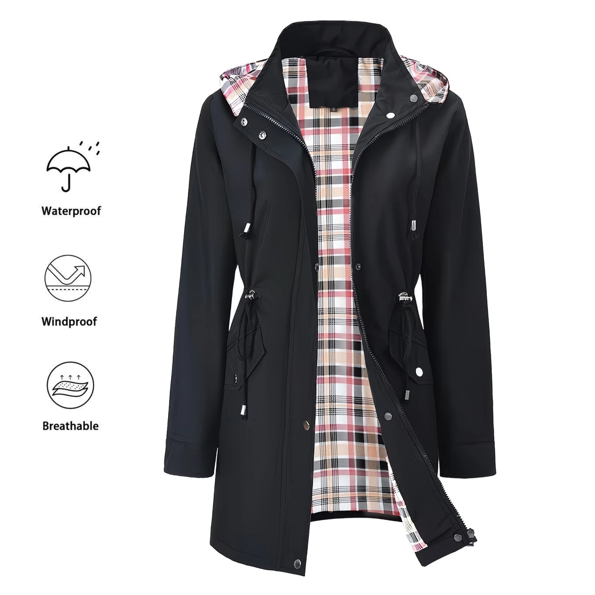 Trench de Poliéster para Mujer con Capucha Ajustable y Forro de Cuadros