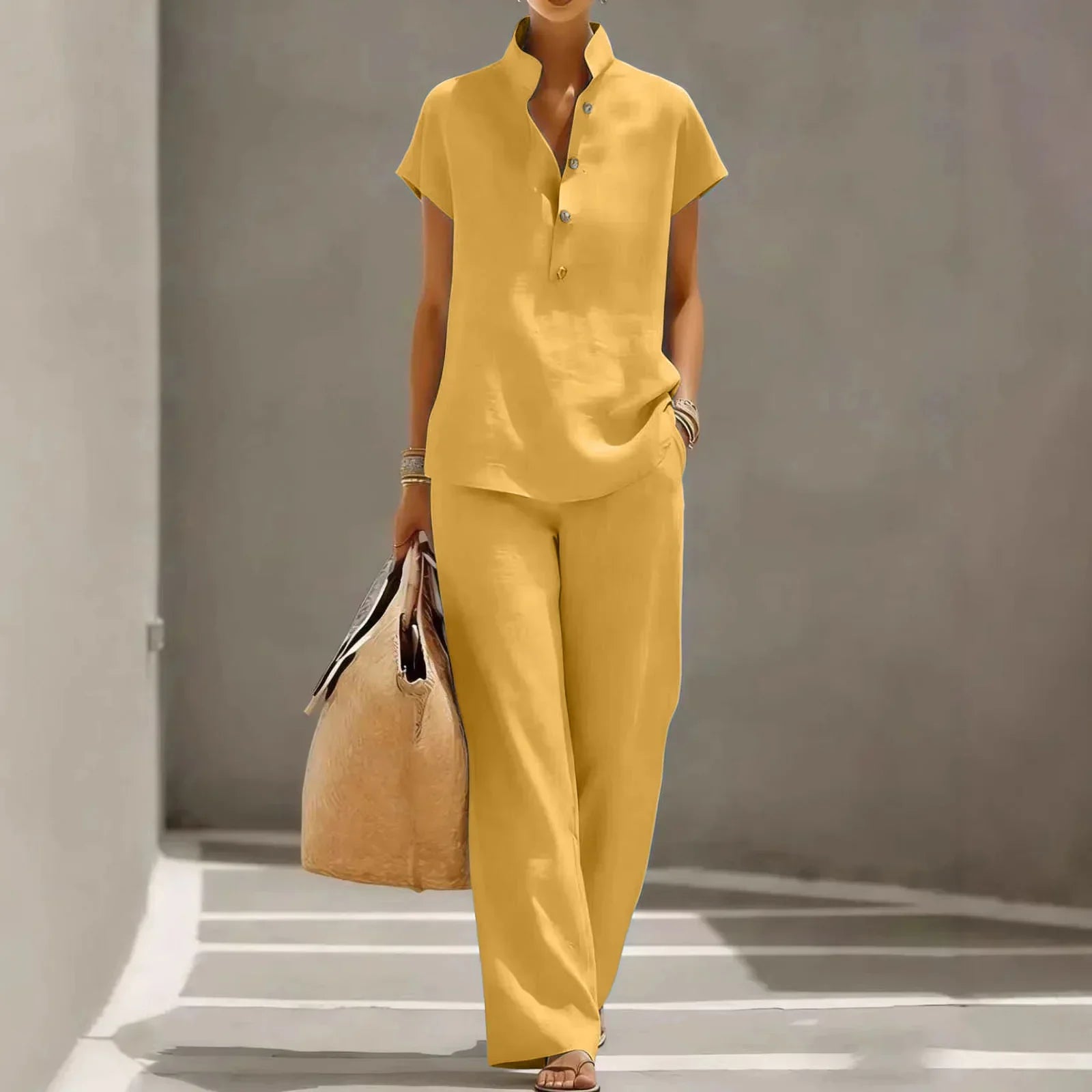 Conjunto de dos piezas para mujer - mezcla de lino - pantalón ancho casual