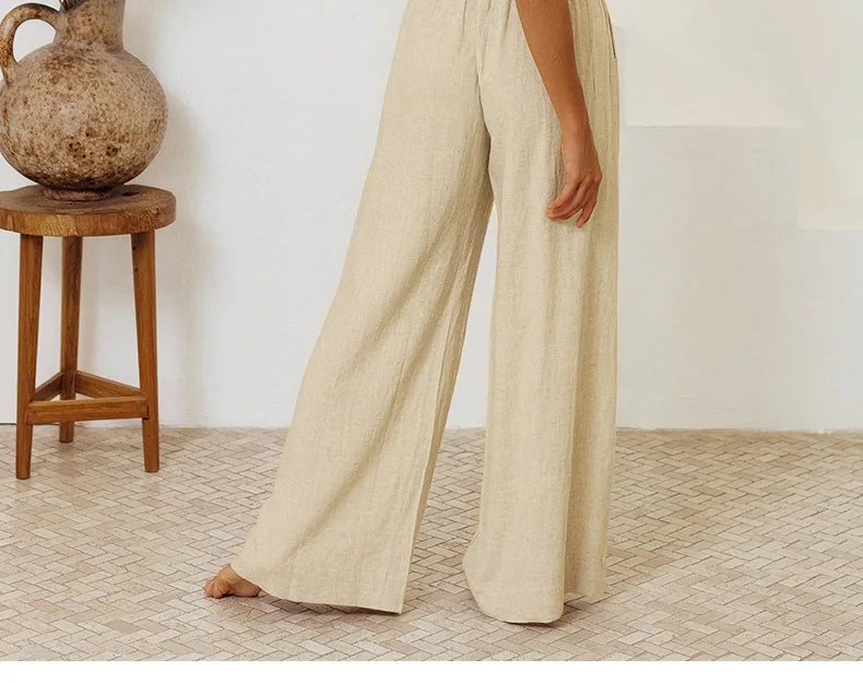 Pantalones de Lino para Mujer de Pierna Ancha con Cintura Elástica y Lazo