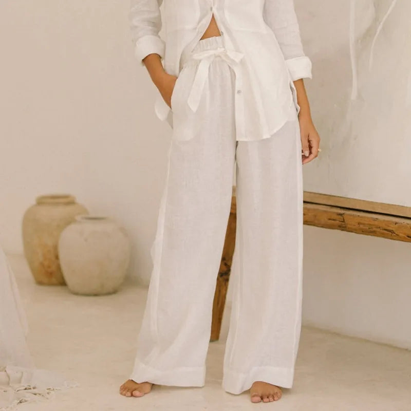 Pantalones de Lino para Mujer de Pierna Ancha con Cintura Elástica y Lazo