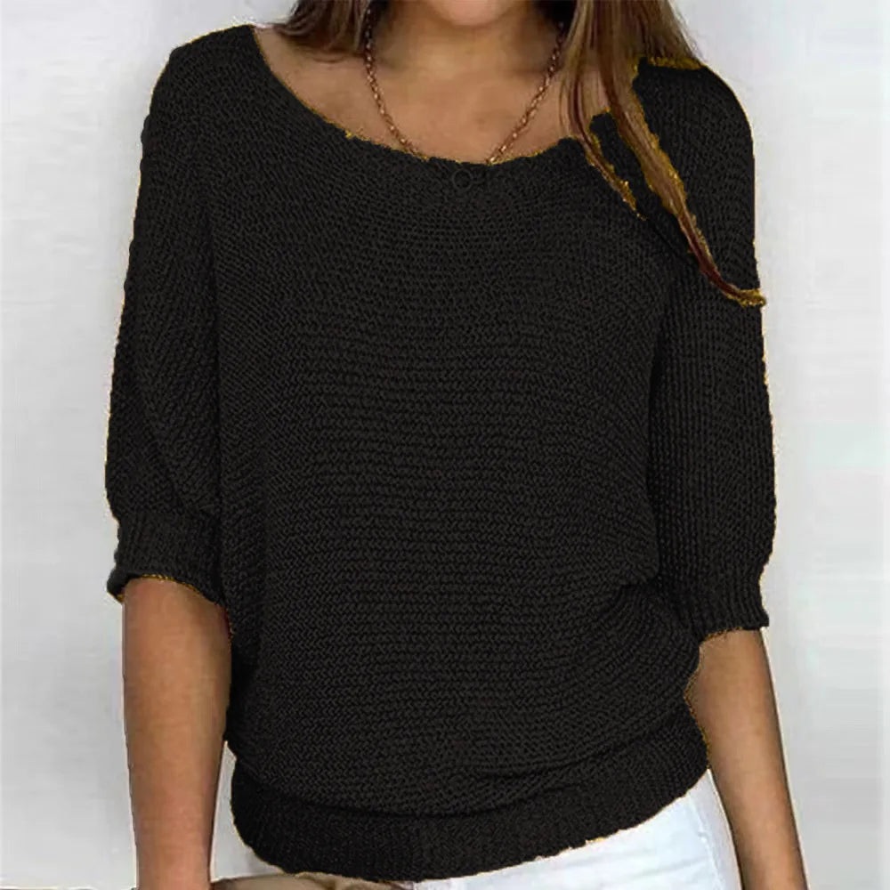 Jersey de punto para mujer con cuello redondo y manga francesa tres cuartos
