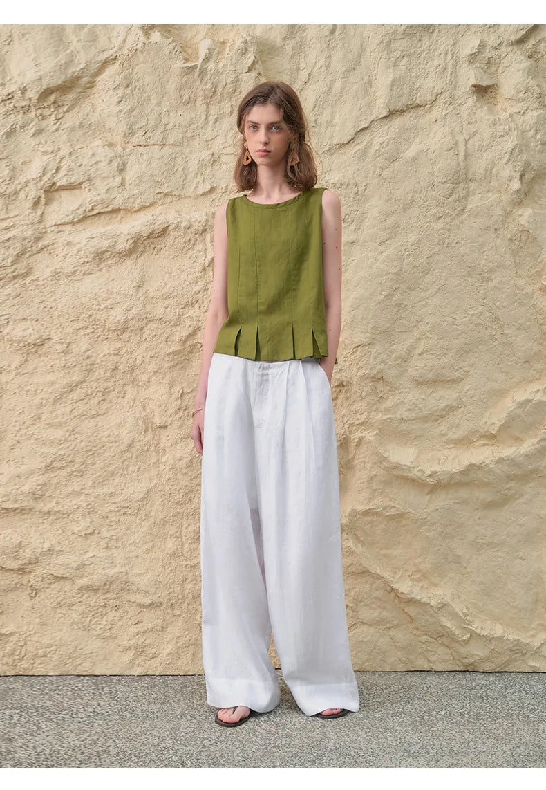 Pantalones de Lino de Pierna Ancha con Cintura Alta y Elástica para Mujer