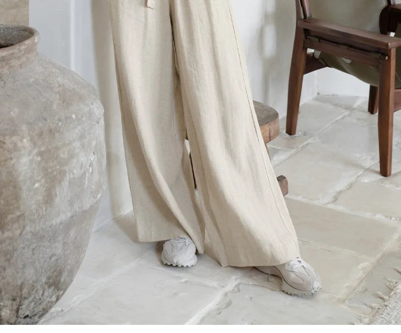 Pantalones de Lino para Mujer de Pierna Ancha con Cintura Elástica y Lazo