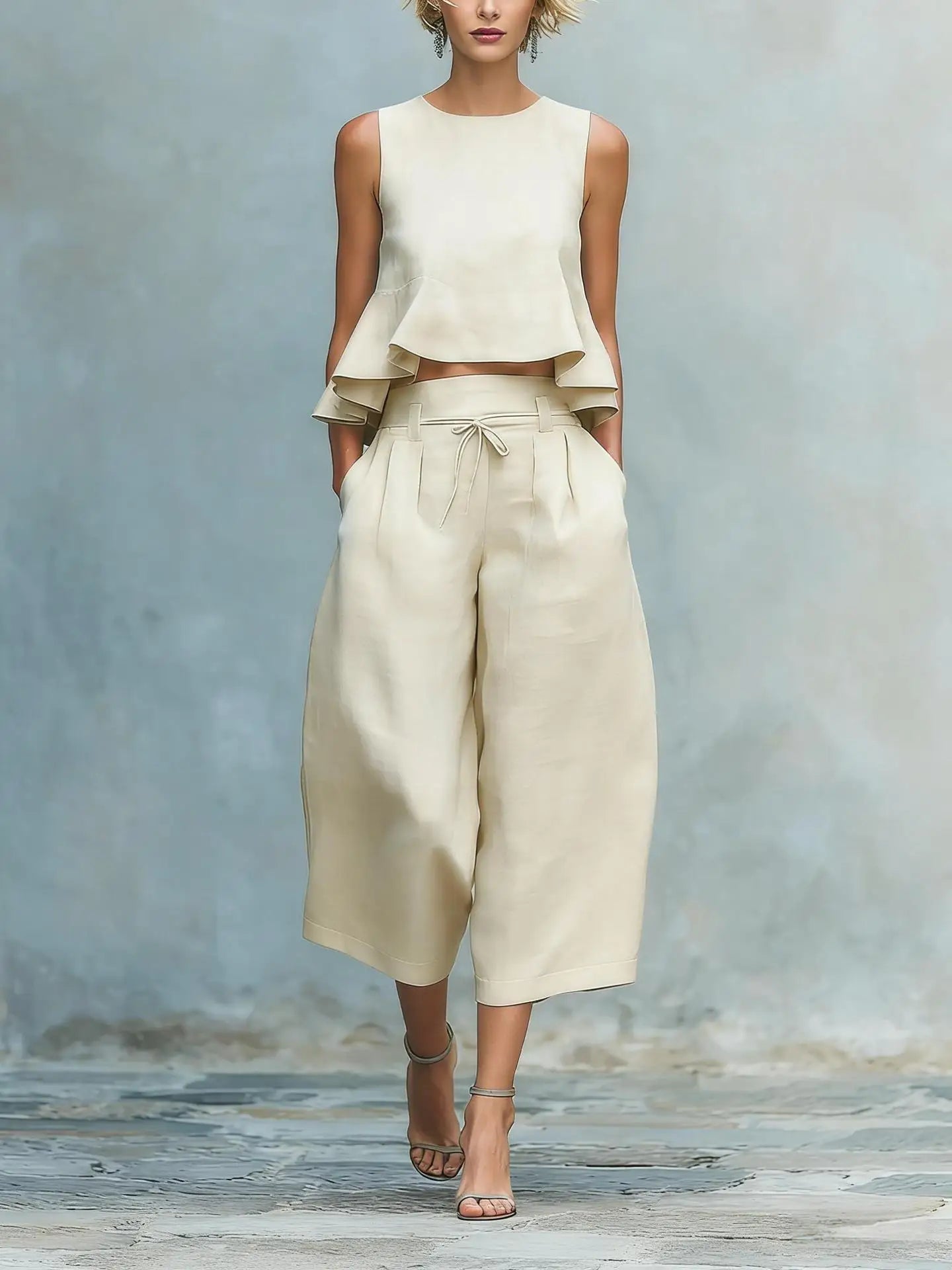 Conjunto de dos piezas para mujer con crop top de lino y pantalón ancho